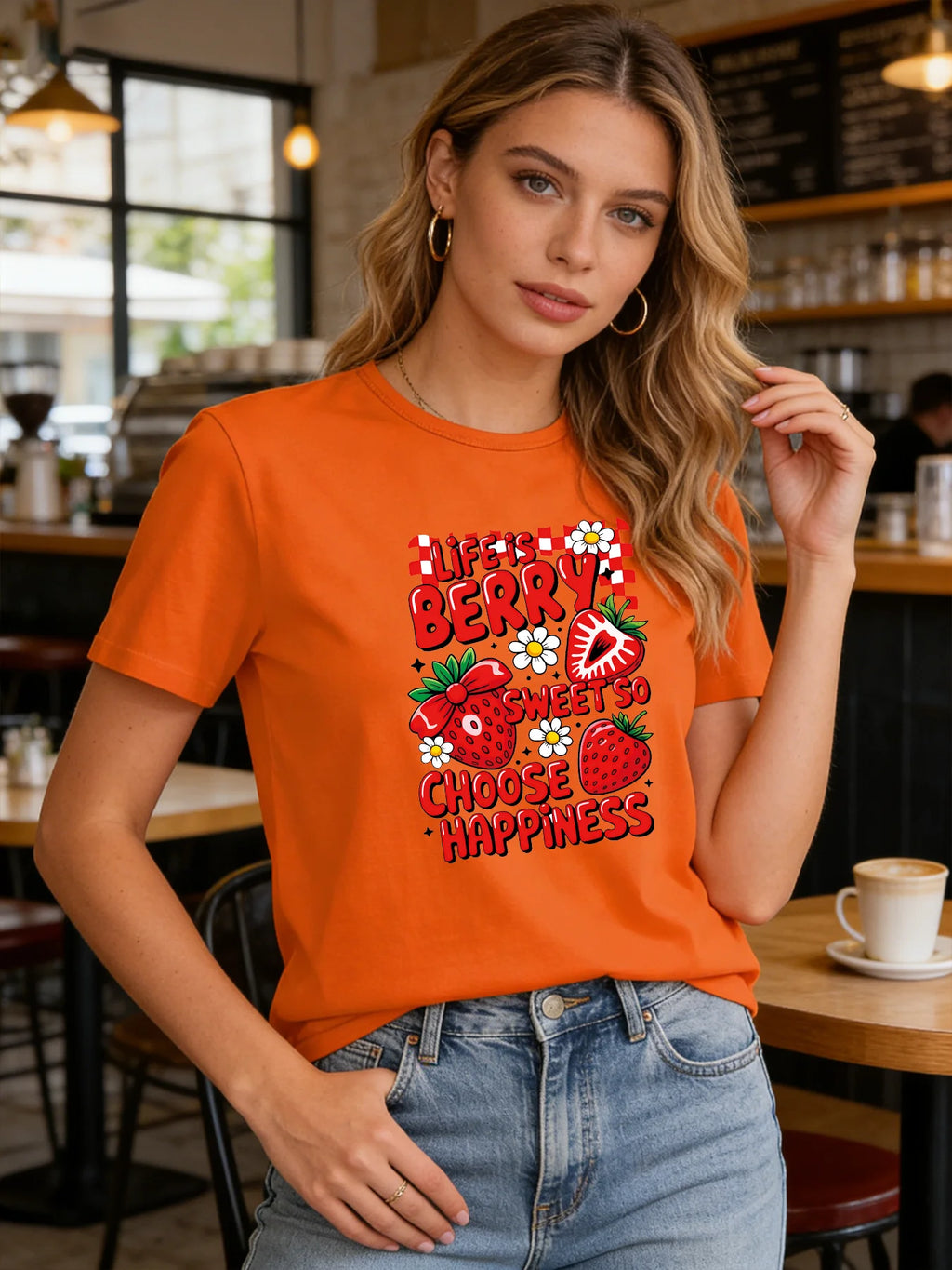 Life Is Berry Sweet So Choose Happiness T Shirt Women Strawberry Graphic Tee Casual Round Neck Short Sleeve Tops