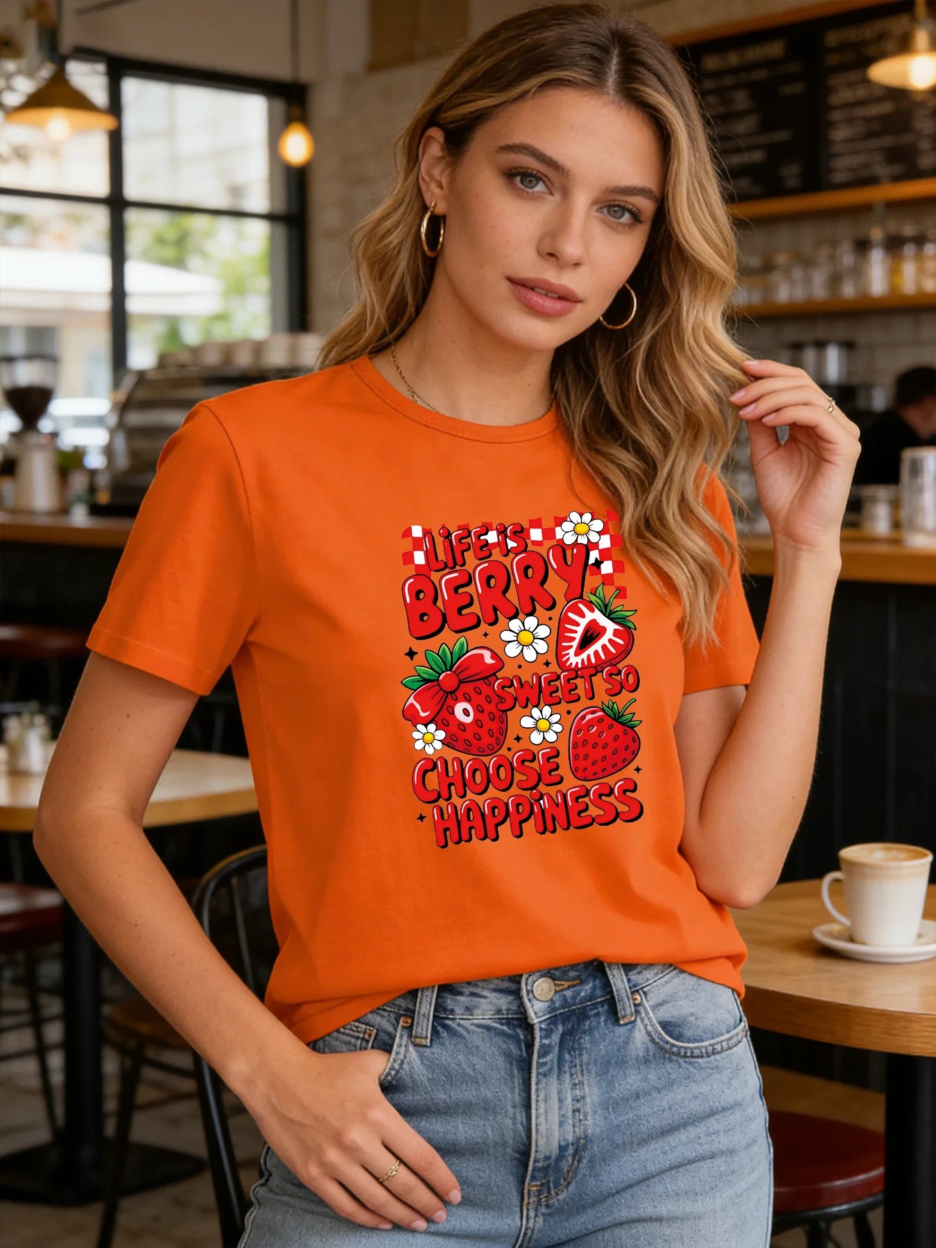 Life Is Berry Sweet So Choose Happiness T Shirt Women Strawberry Graphic Tee Casual Round Neck Short Sleeve Tops
