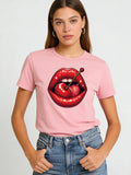 Red Cherry Lips T Shirt Women Cute Sweet Graphic Tee 2026 Spring Summer Round Neck Short Sleeve Tops