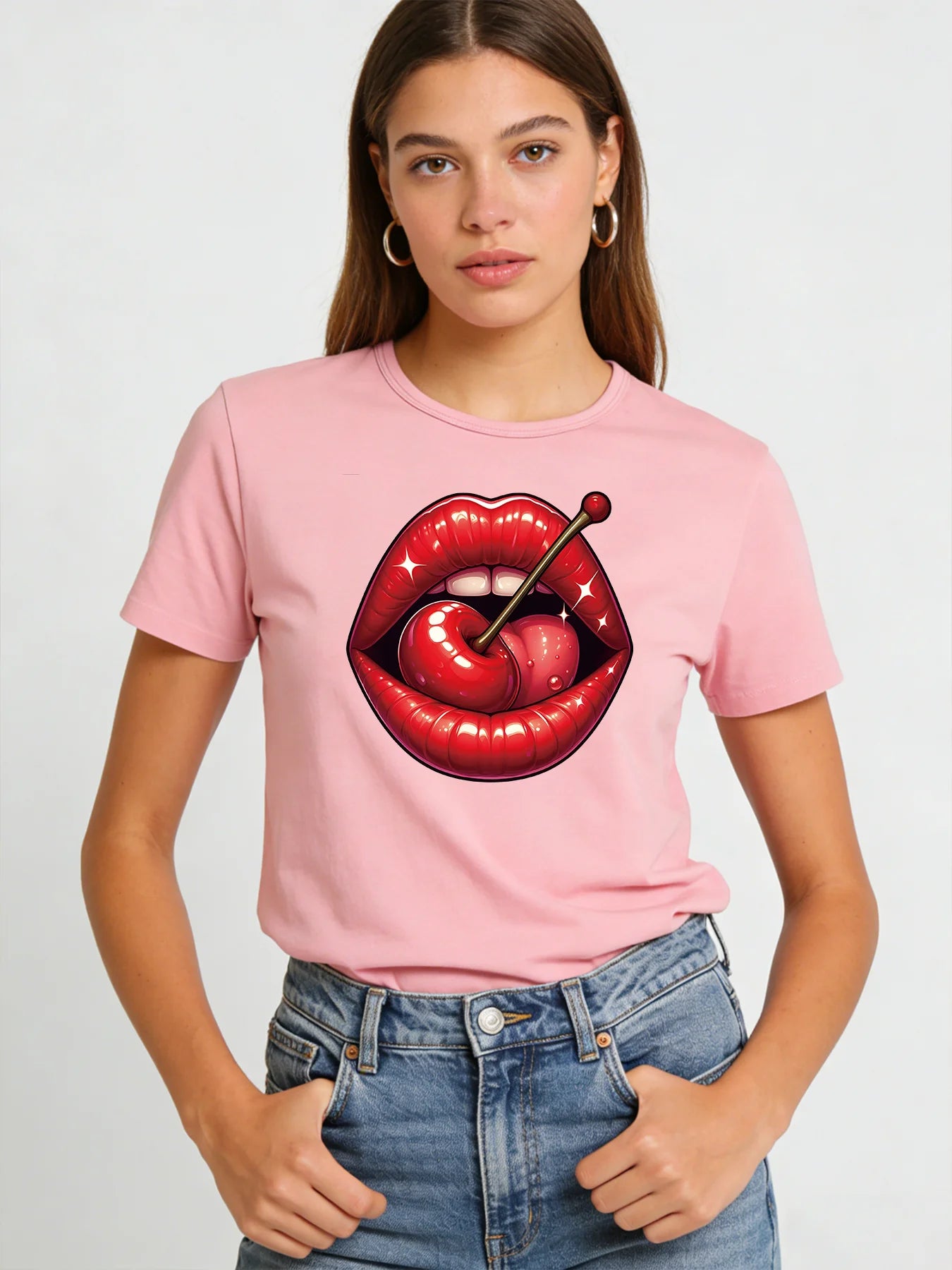 Red Cherry Lips T Shirt Women Cute Sweet Graphic Tee 2026 Spring Summer Round Neck Short Sleeve Tops
