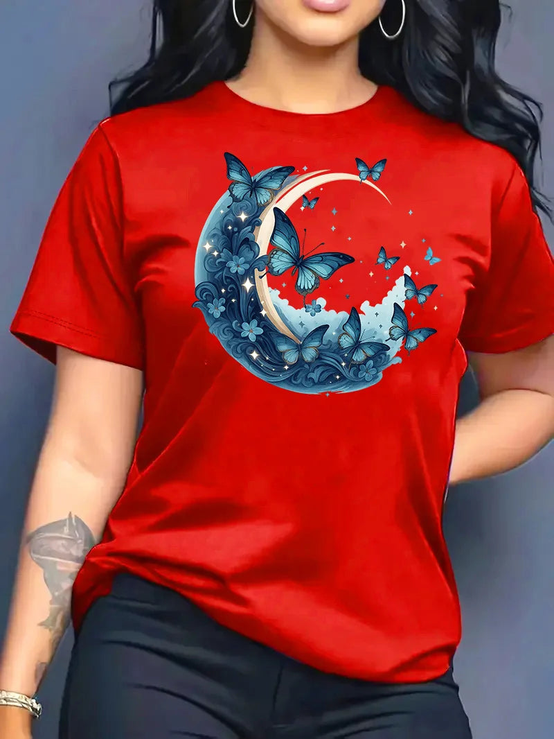 2026 Summer New Women's Round Neck Fashion Casual Loose Butterfly Floral Print T-Shirt Short Sleeve Top
