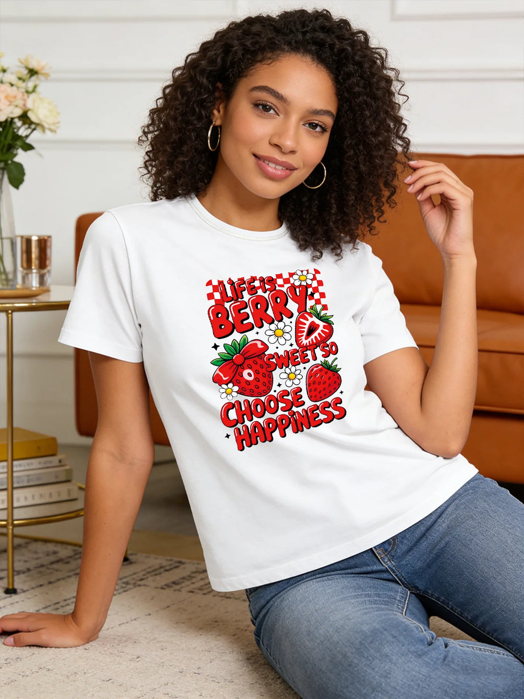 Life Is Berry Sweet So Choose Happiness T Shirt Women Strawberry Graphic Tee Casual Round Neck Short Sleeve Tops