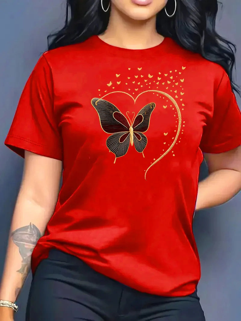 2026 Summer New Women's Round Neck Fashion Casual Loose Butterfly Print T-Shirt Short Sleeve Top Футболка Смешная