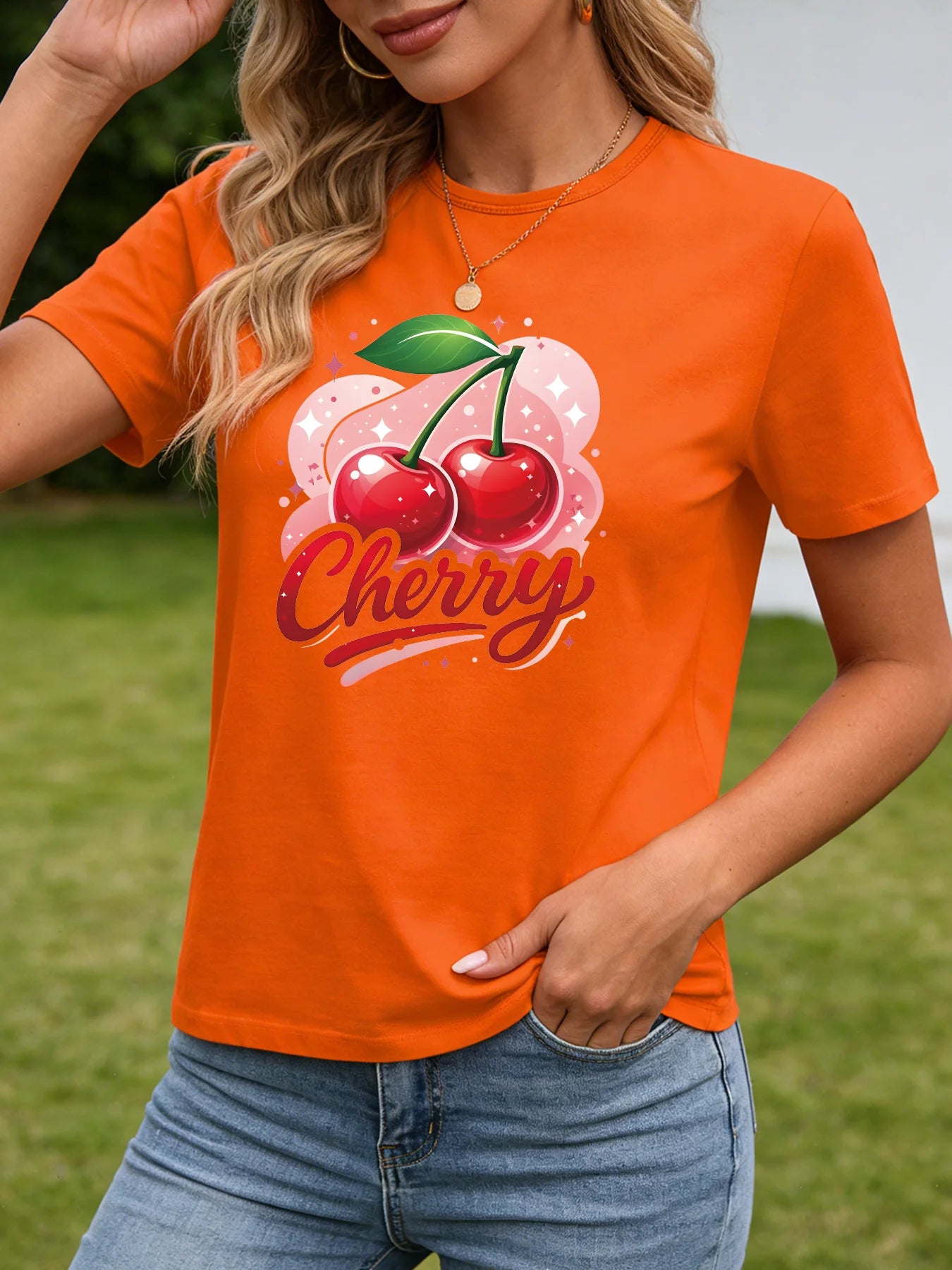 2026 Spring/Summer New Women's Round Neck Fashion Casual Loose T-Shirt with Cherry Print Top