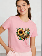 Leopard Heart Sunflower T Shirt Women Boho Floral Graphic Tee 2026 Spring Summer Round Neck Short Sleeve Tops