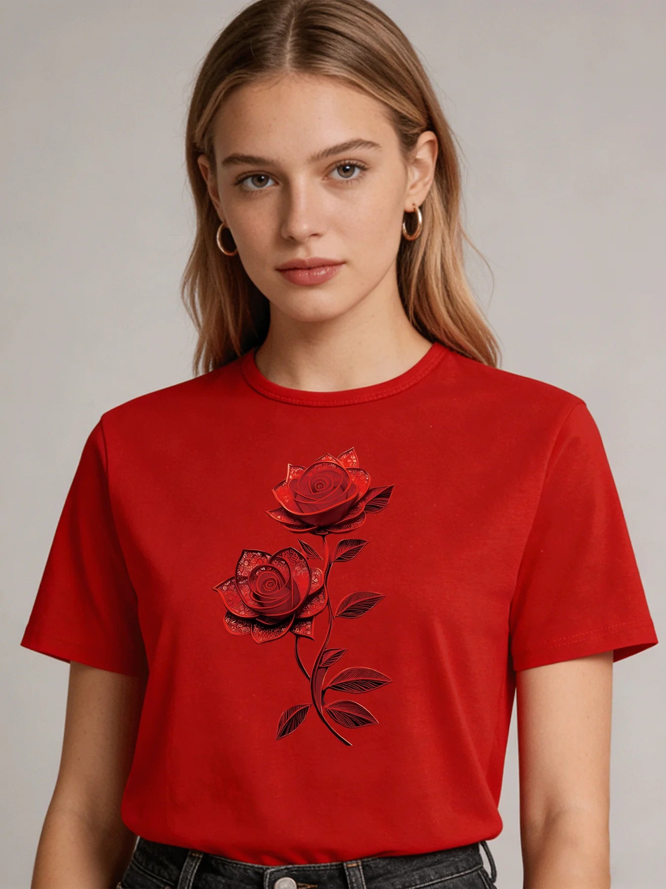 Women's Retro 6 Colors Rose Graphic T-Shirt Casual Short Sleeve Crew Neck Tee Summer Fashion Loose Fit Tops for Daily Wear