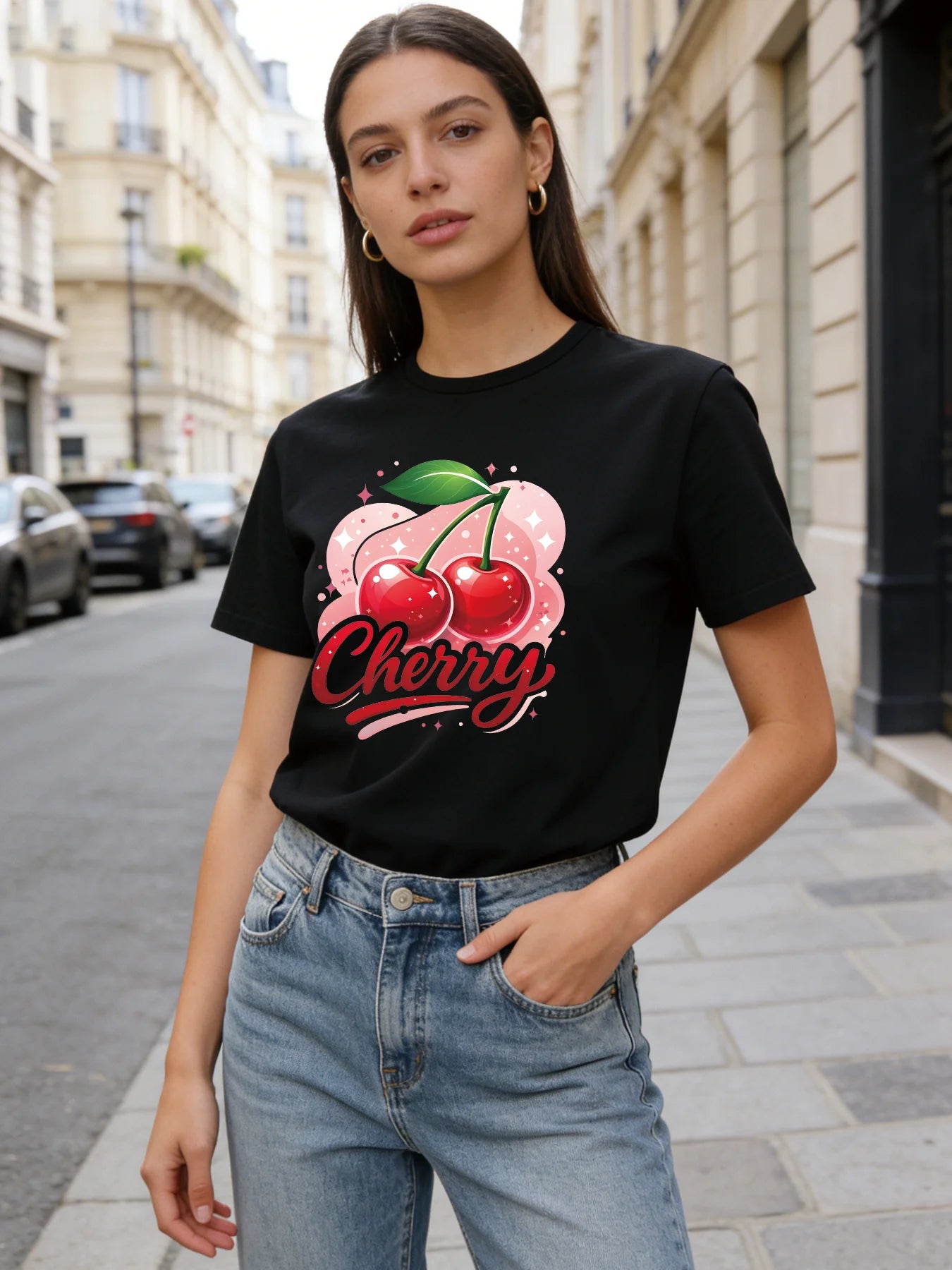 2026 Spring/Summer New Women's Round Neck Fashion Casual Loose T-Shirt with Cherry Print Top