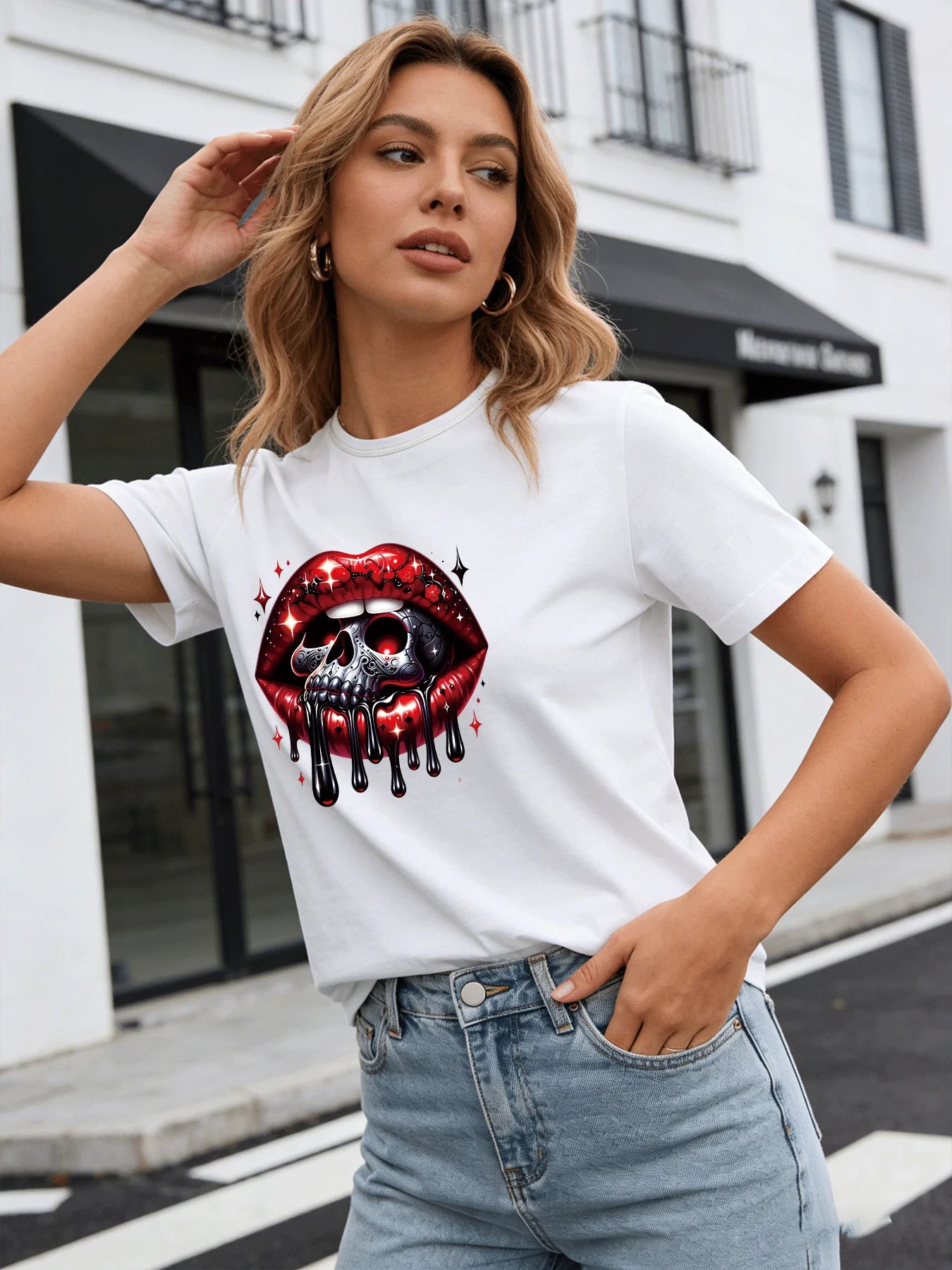 Skull Drip Lips T Shirt Women Gothic Red Lip Print Graphic Tee Casual Round Neck Short Sleeve Tops