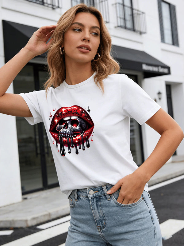 Skull Drip Lips T Shirt Women Gothic Red Lip Print Graphic Tee Casual Round Neck Short Sleeve Tops