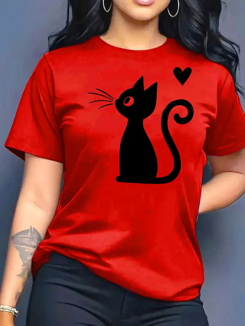 2026 Summer New Women's Round Neck Fashion Casual Loose Cat Print T-Shirt Short Sleeve Top Футболка Смешная
