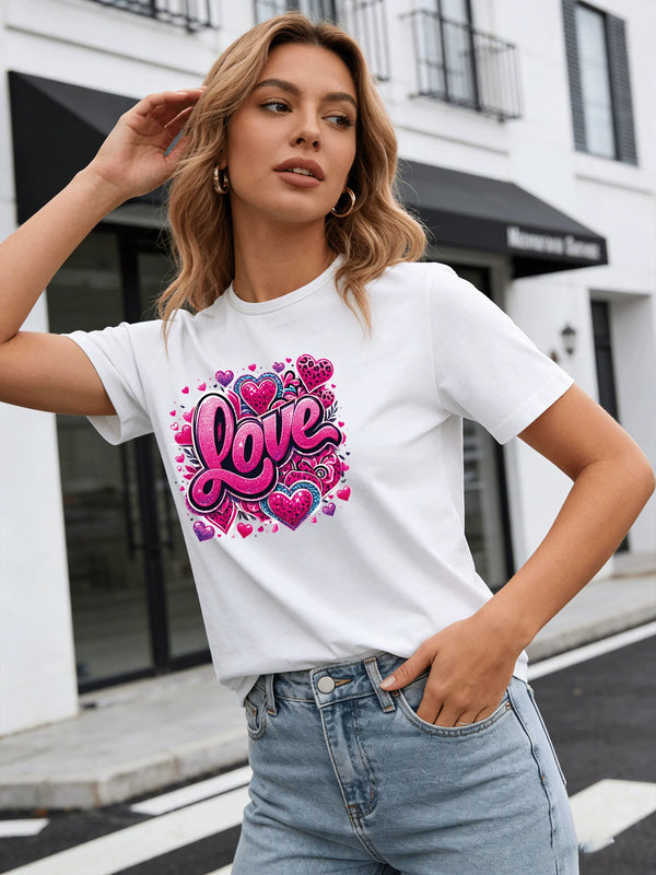 2026 Spring/Summer New Women's Heart Pattern T-Shirt, Pink Sequin Print, Casual Round Neck Short Sleeve Top