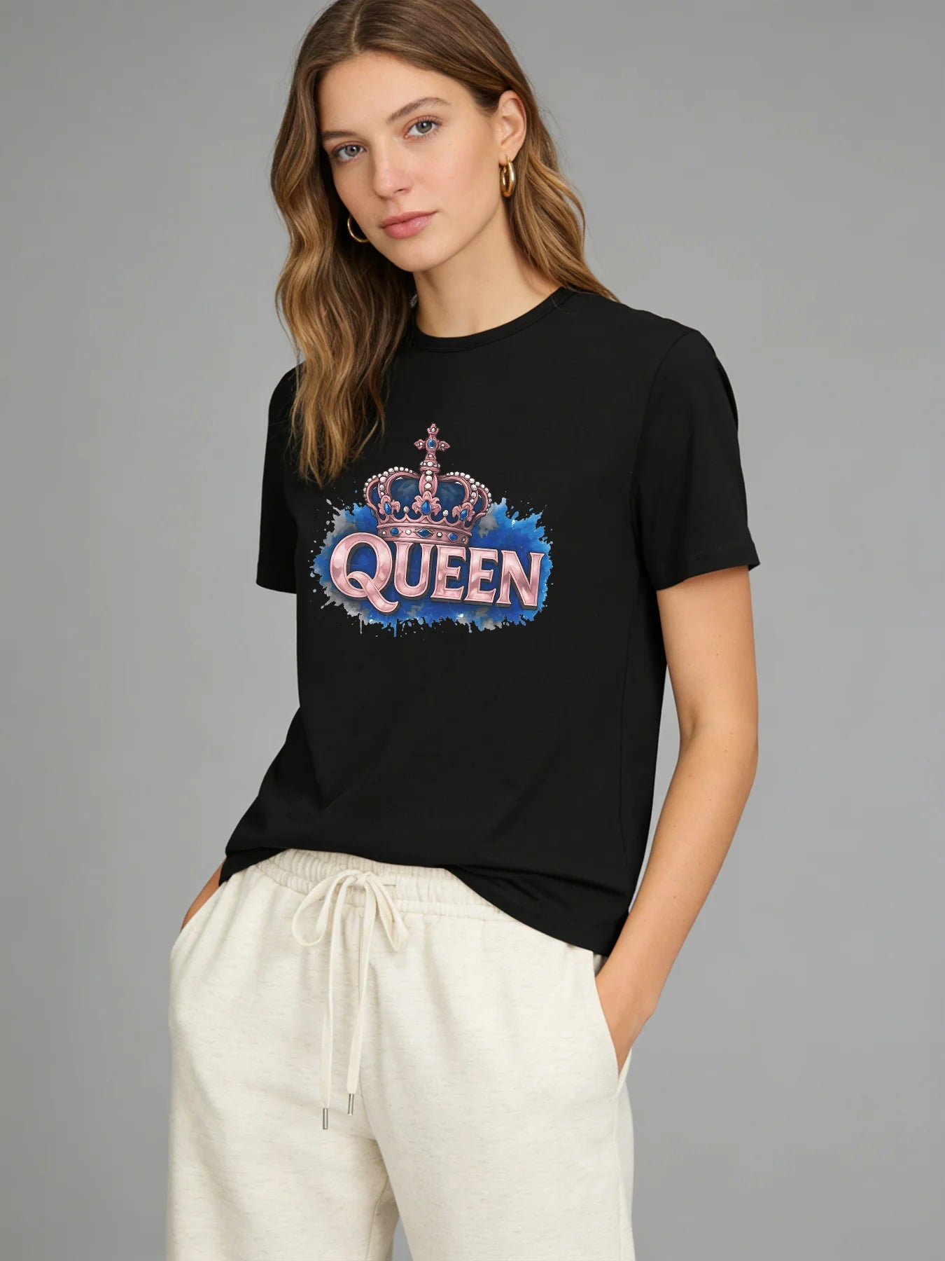 Queen Crown T Shirt Women Pink Blue Graphic Tee Casual Round Neck Short Sleeve Tops Women Clothes