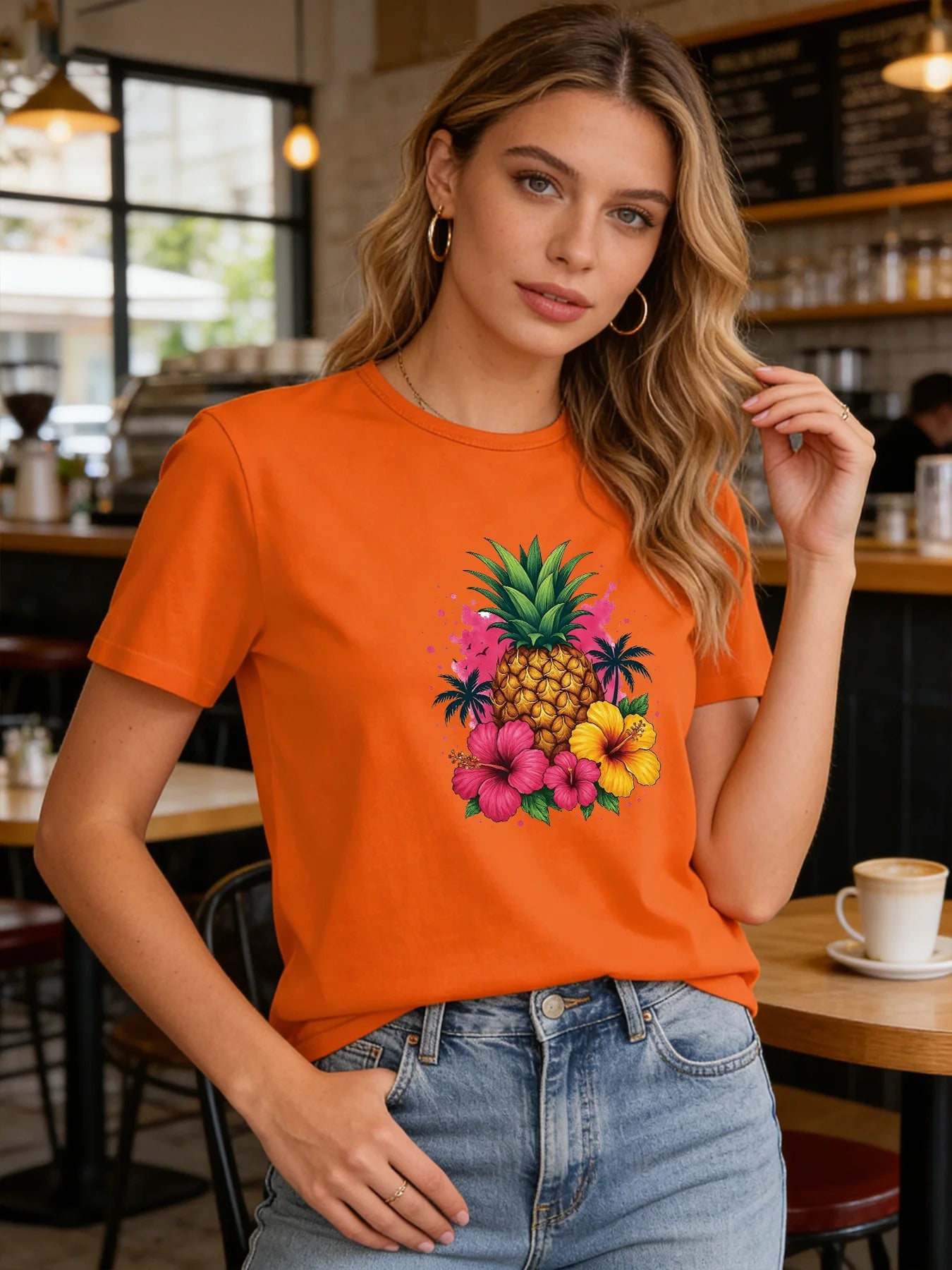 Pineapple Hibiscus T Shirt Women Tropical Summer Graphic Tee Casual Round Neck Short Sleeve Tops