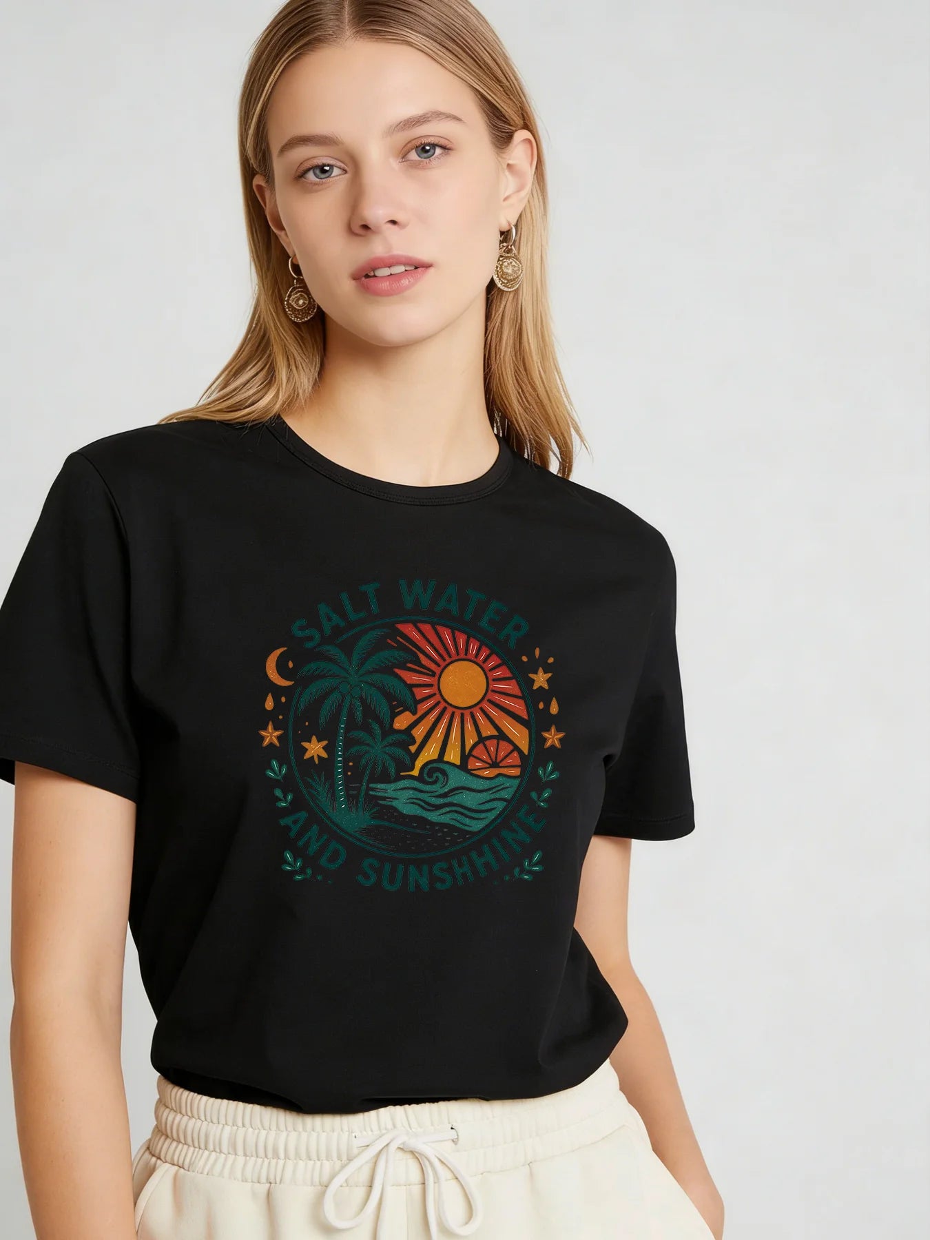 Salt Water and Sunshine T Shirt Women Summer Beach Graphic Tee Casual Round Neck Short Sleeve Tops