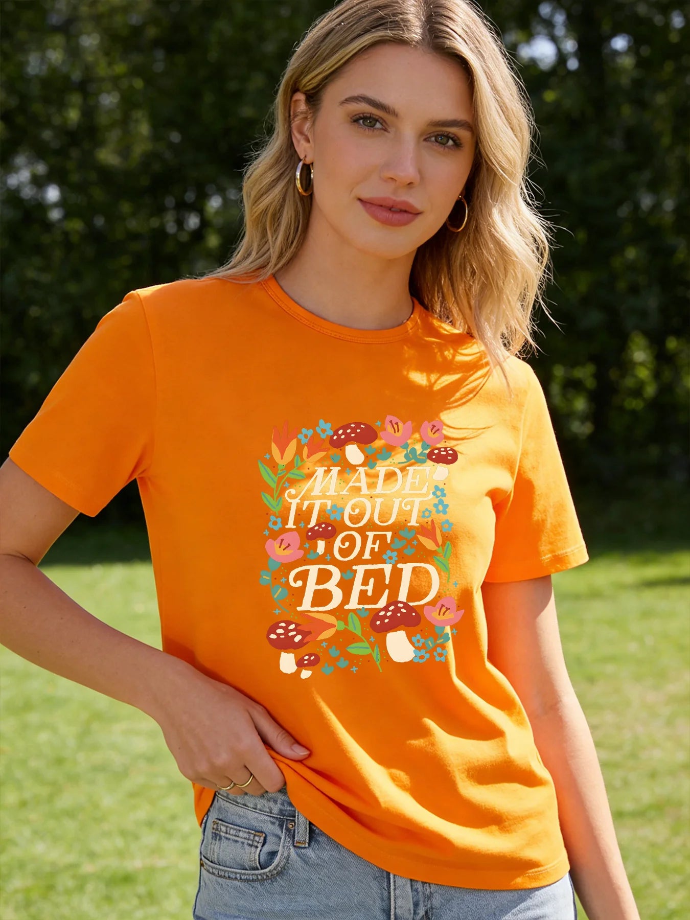 Made It Out of Bed T Shirt Women Funny Cottagecore Mushroom Floral Graphic Tee Spring Summer Round Neck Short Sleeve Tops