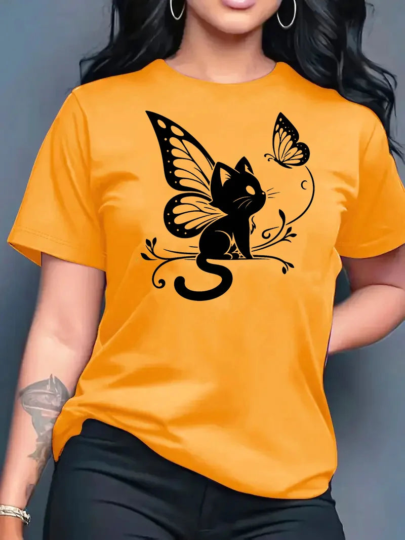 2026 Summer New Women's Round Neck Fashion Casual Loose Butterfly Cat Print T-Shirt Short Sleeve Top