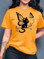 2026 Summer New Women's Round Neck Fashion Casual Loose Butterfly Cat Print T-Shirt Short Sleeve Top