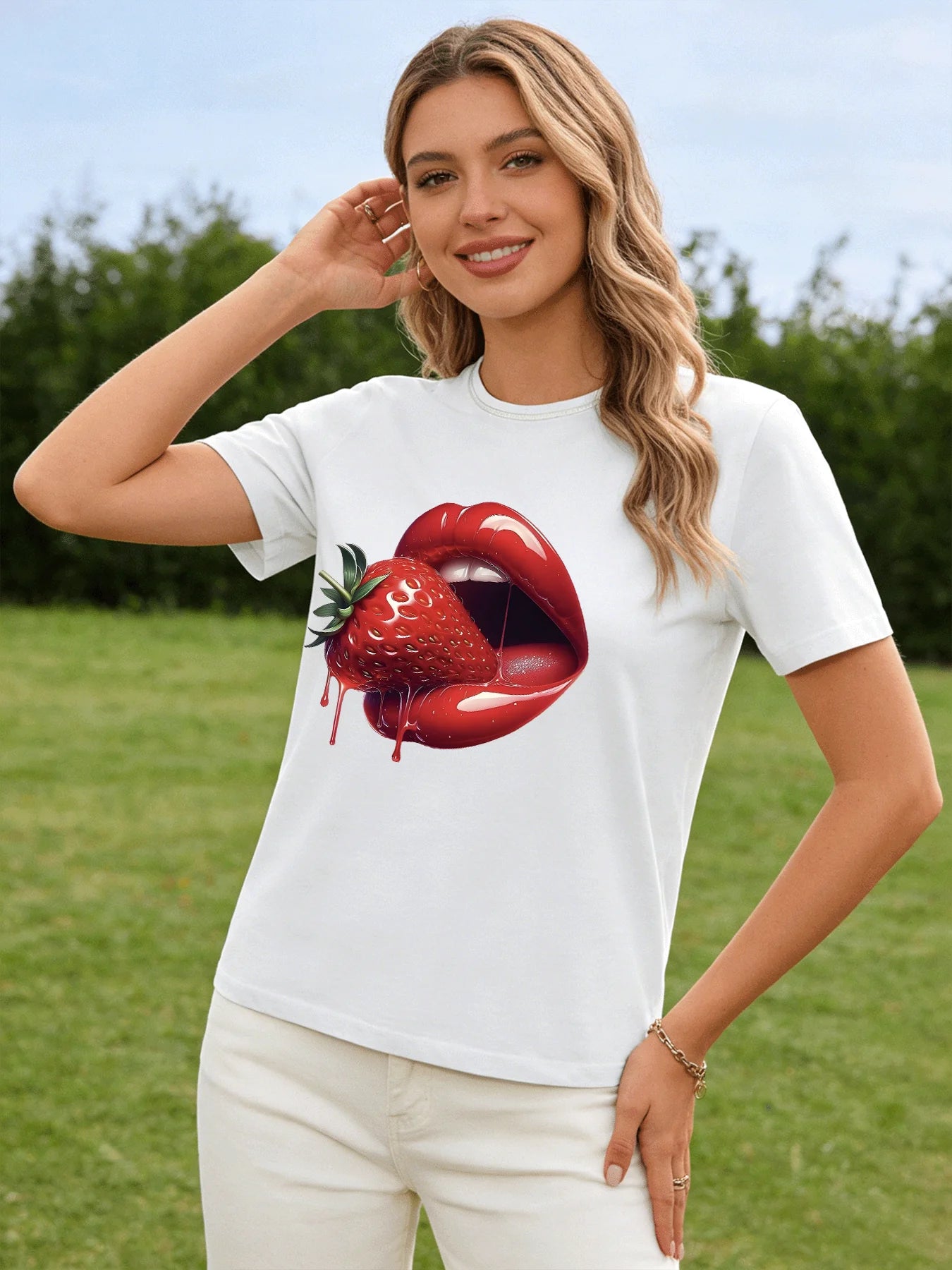 2026 Spring/Summer New Women's Strawberry Lip Print T-Shirt Red Glossy Lip Print Pattern T-Shirt Casual Short-Sleeve Top