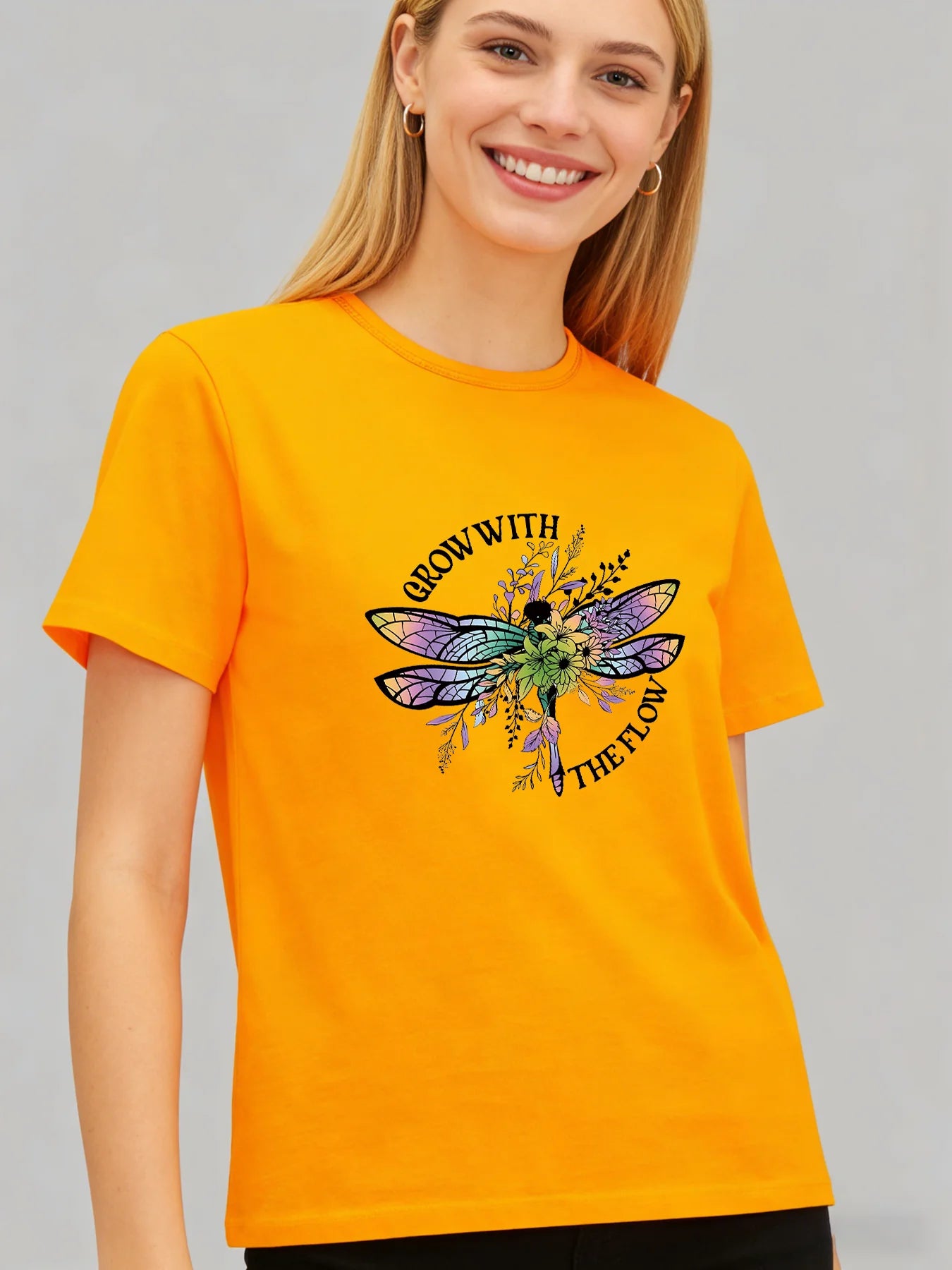 Grow with The Flow Dragonfly T Shirt Women Floral Inspirational Graphic Tee Casual Round Neck Short Sleeve Tops