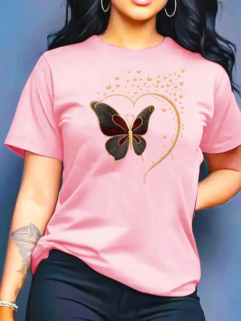 2026 Summer New Women's Round Neck Fashion Casual Loose Butterfly Print T-Shirt Short Sleeve Top Футболка Смешная