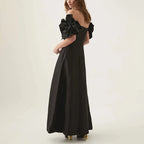 Tube Top Long Dress 2025 Early Spring New Three-Dimensional Flower Waist Slimming Celebrity Style Solid Color Dress