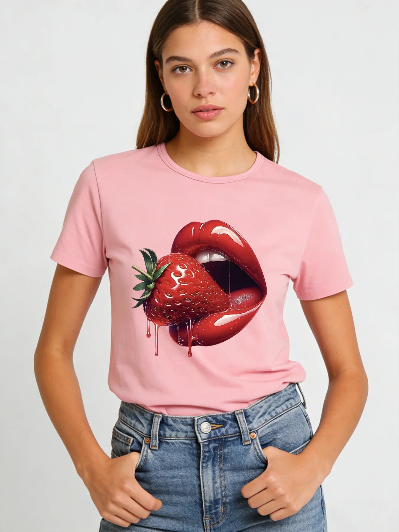 2026 Spring/Summer New Women's Strawberry Lip Print T-Shirt Red Glossy Lip Print Pattern T-Shirt Casual Short-Sleeve Top