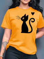 2026 Summer New Women's Round Neck Fashion Casual Loose Cat Print T-Shirt Short Sleeve Top Футболка Смешная