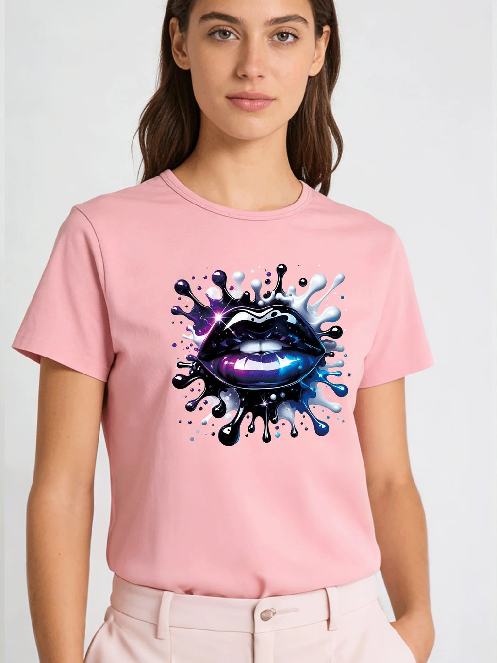 2026 Spring/Summer New Women's Purple Sequined Lip Pattern T-Shirt Casual Round Neck Short Sleeve Top