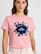 2026 Spring/Summer New Women's Purple Sequined Lip Pattern T-Shirt Casual Round Neck Short Sleeve Top