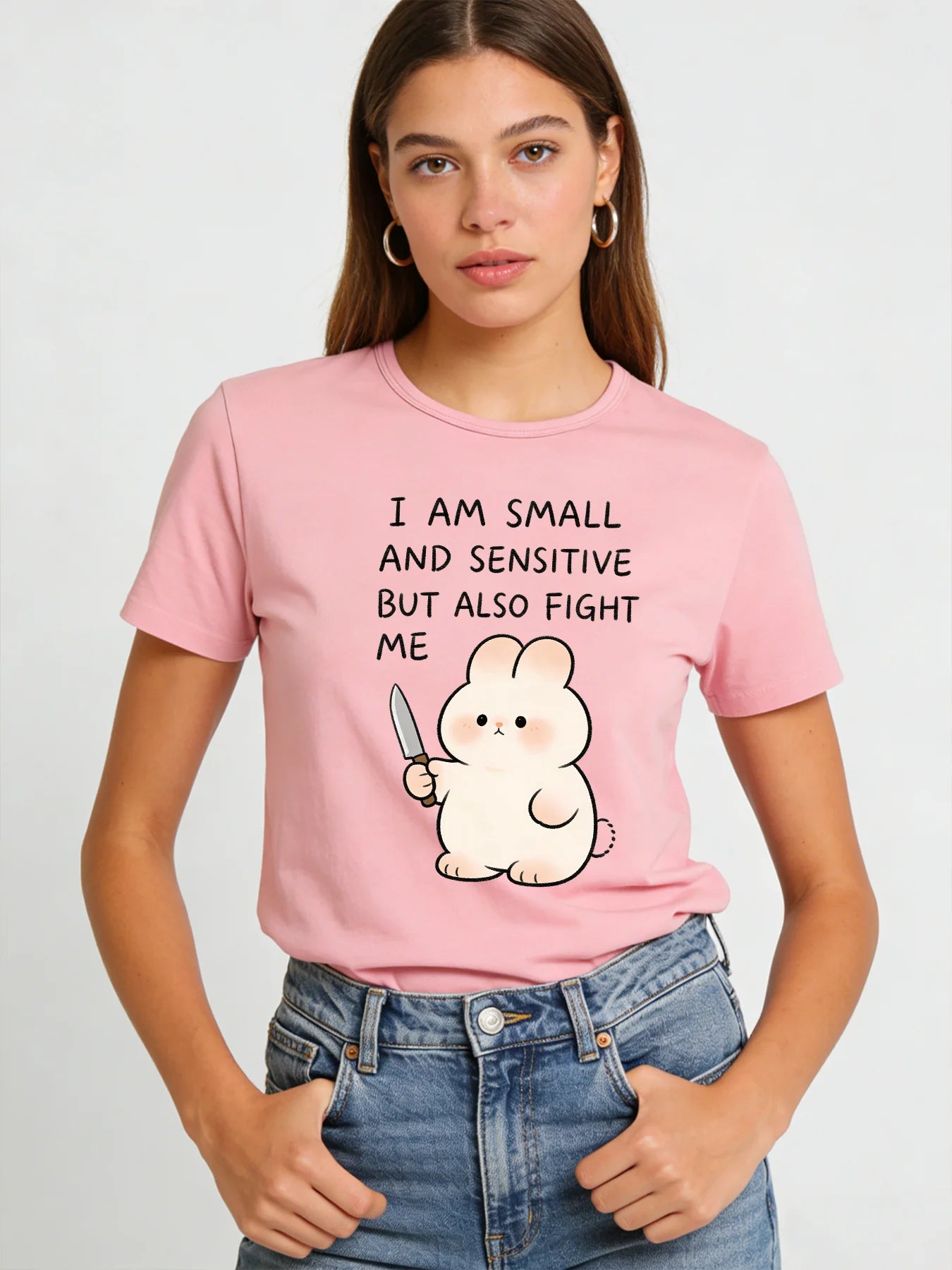 2026 Spring/Summer New Women's Fashionable Cute Cartoon Rabbit Print Round Neck T-Shirt Top