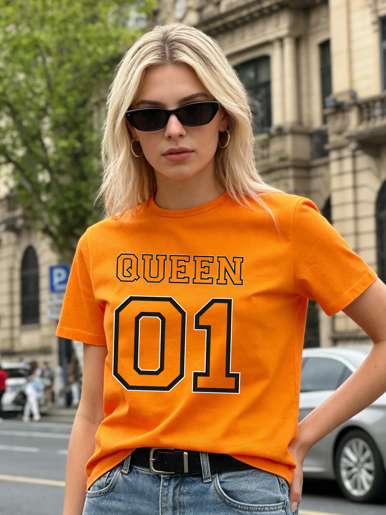 2026 Spring/Summer New Women's Round Neck Casual T-Shirt with Queen Letter Print Top
