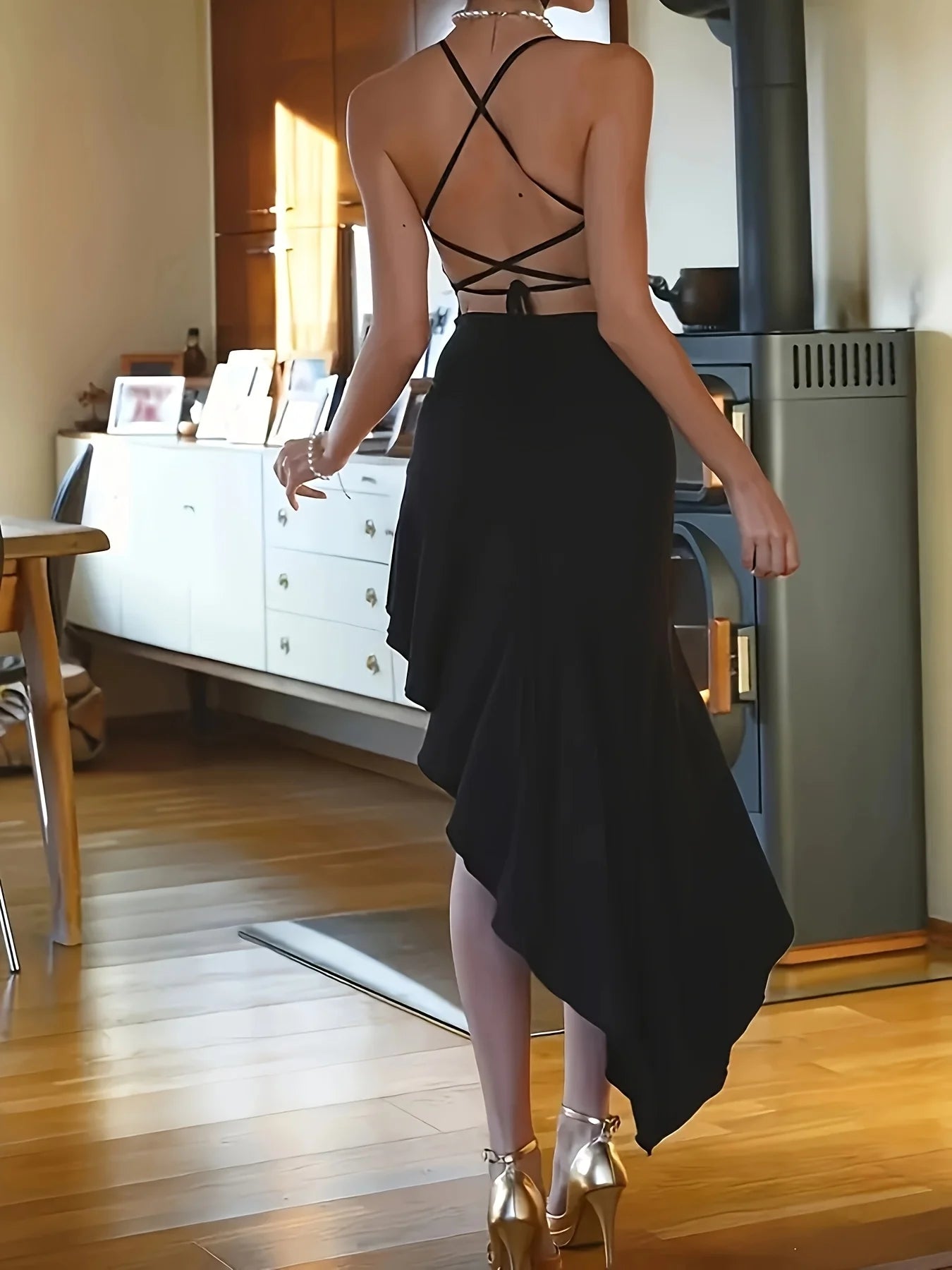 Sexy Black Spaghetti Strap Vacations Bodycon Dress Women's Elegant Asymmetric Ruffle Mermaid Hem Party Evening Club Mini Dresses