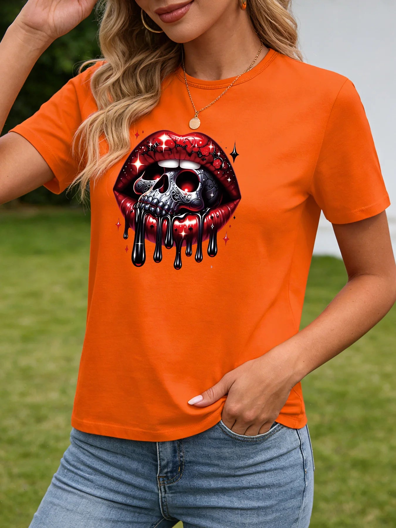 Skull Drip Lips T Shirt Women Gothic Red Lip Print Graphic Tee Casual Round Neck Short Sleeve Tops