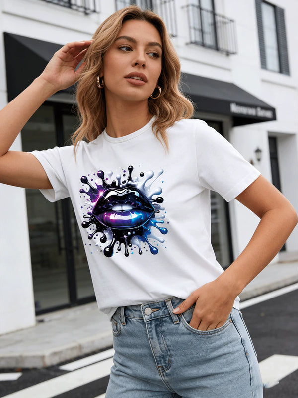 2026 Spring/Summer New Women's Purple Sequined Lip Pattern T-Shirt Casual Round Neck Short Sleeve Top