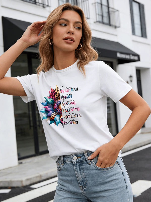 I Am Enough Sunflower T Shirt Women Inspirational Affirmation Graphic Tee Casual Round Neck Short Sleeve Tops