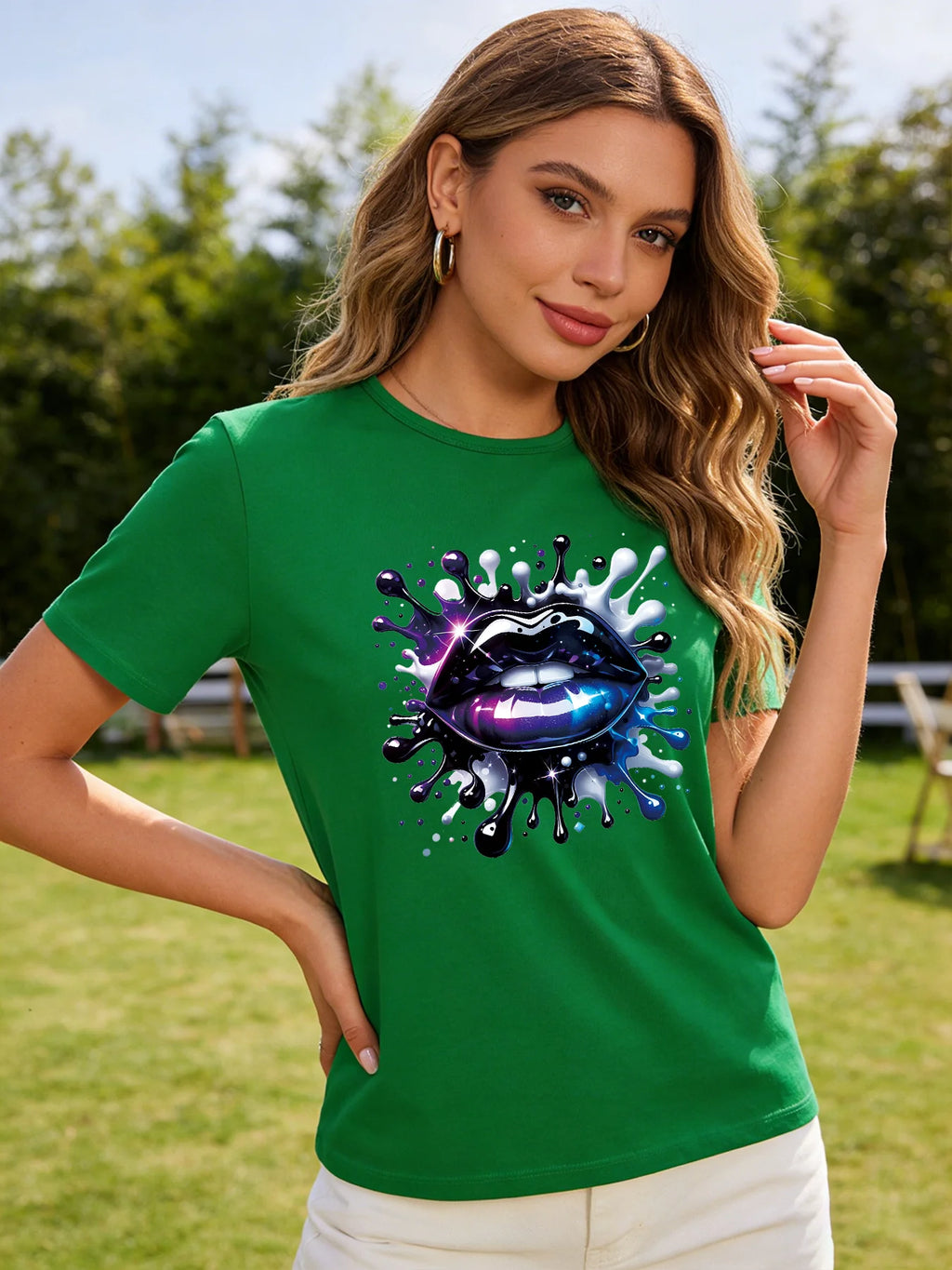 2026 Spring/Summer New Women's Purple Sequined Lip Pattern T-Shirt Casual Round Neck Short Sleeve Top