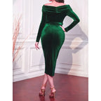 Women's Elegant Emerald Green Velvet Midi Dress | Long Sleeve Ruched Bodycon with Belt