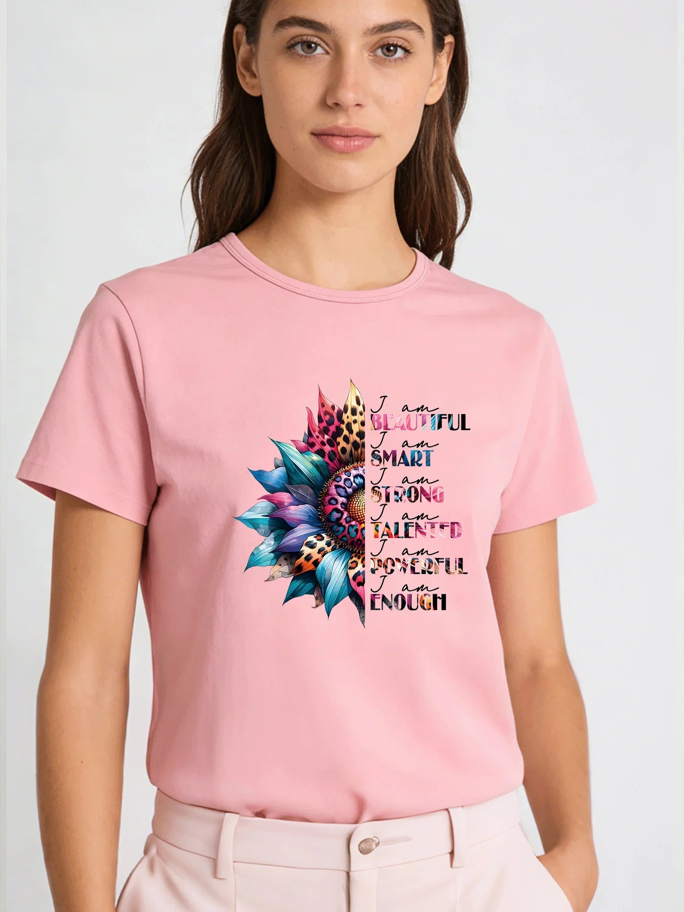 I Am Enough Sunflower T Shirt Women Inspirational Affirmation Graphic Tee Casual Round Neck Short Sleeve Tops