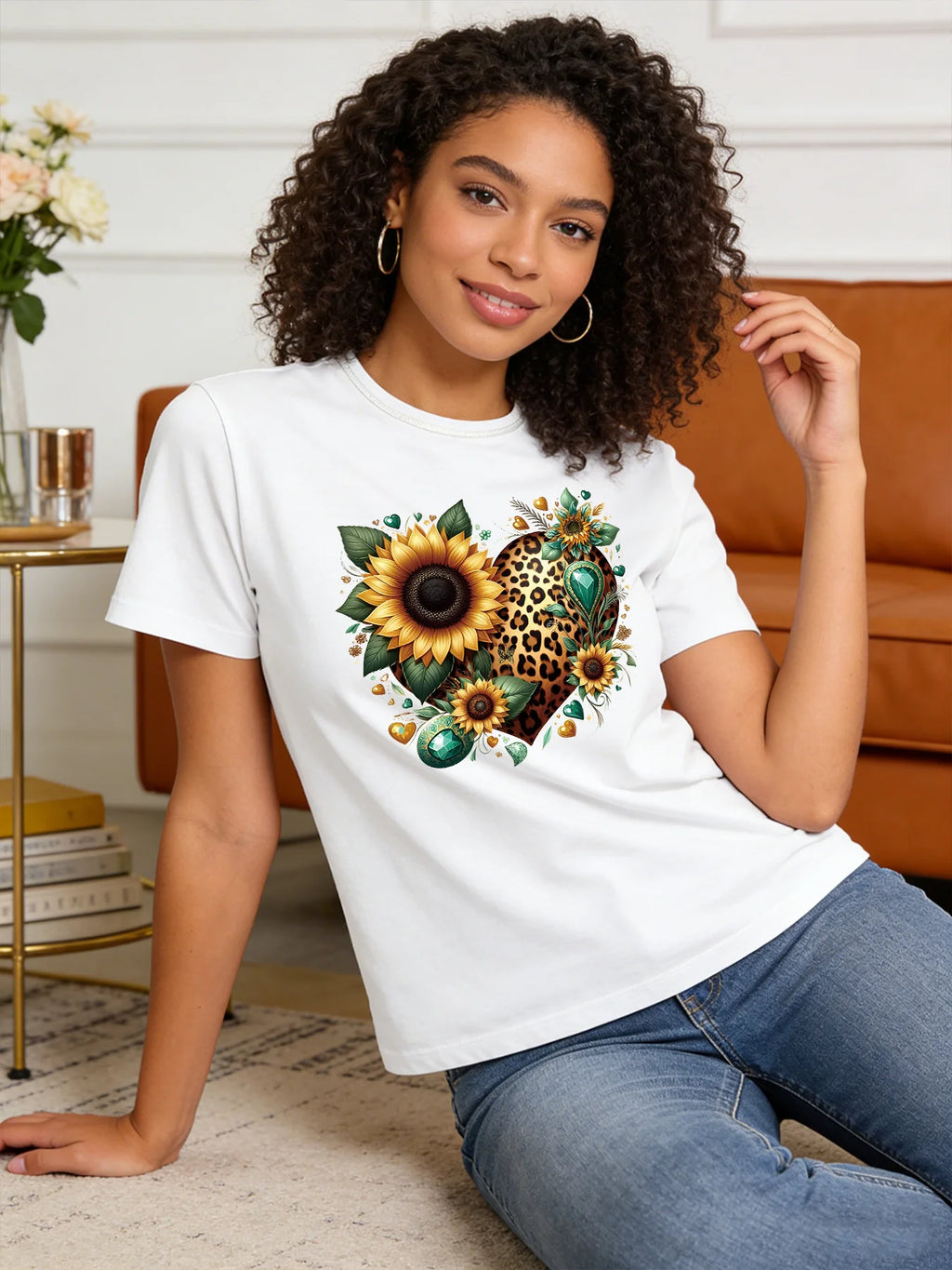 Leopard Heart Sunflower T Shirt Women Boho Floral Graphic Tee 2026 Spring Summer Round Neck Short Sleeve Tops