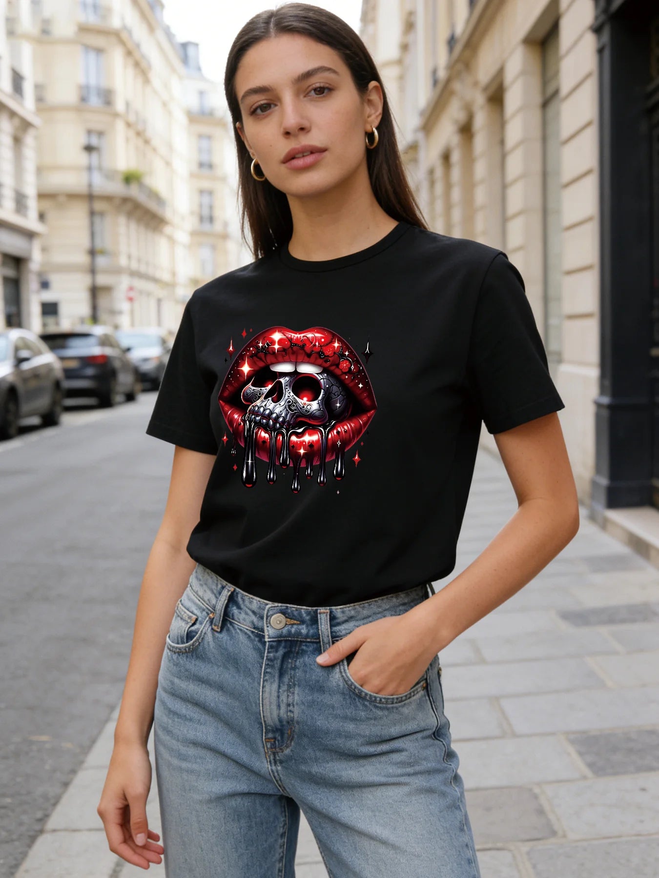 Skull Drip Lips T Shirt Women Gothic Red Lip Print Graphic Tee Casual Round Neck Short Sleeve Tops