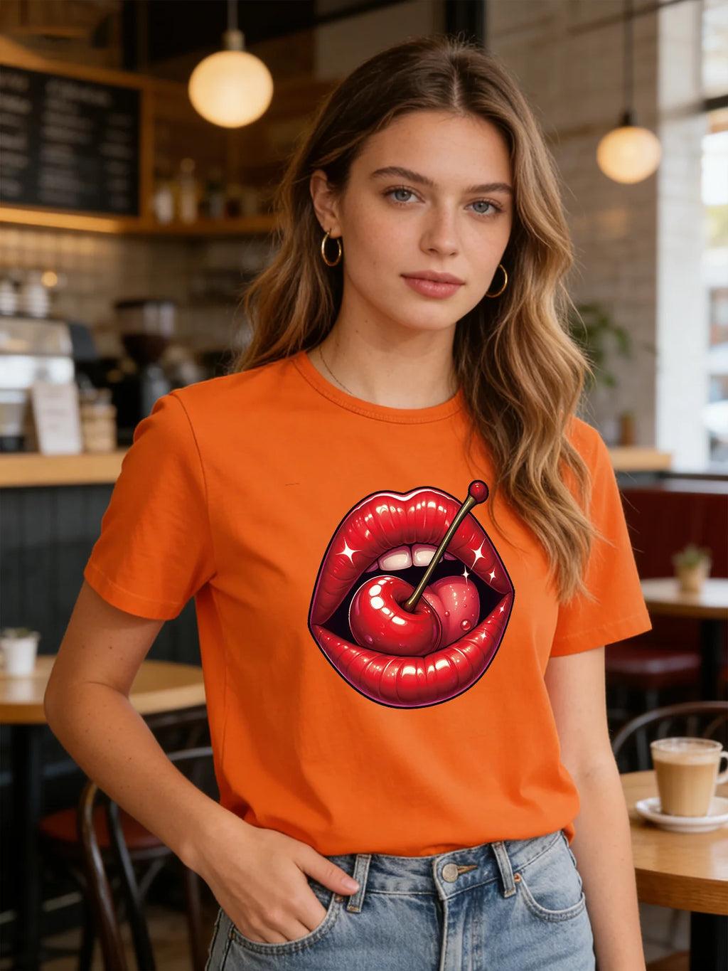 Red Cherry Lips T Shirt Women Cute Sweet Graphic Tee 2026 Spring Summer Round Neck Short Sleeve Tops