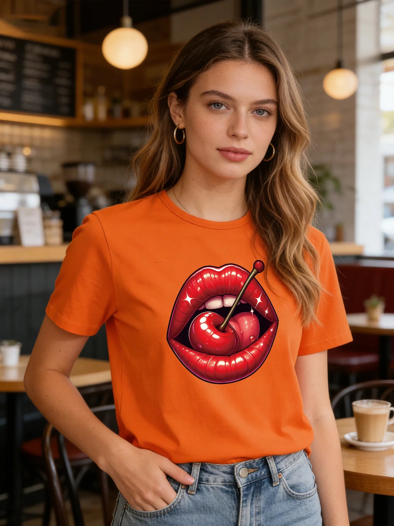 Red Cherry Lips T Shirt Women Cute Sweet Graphic Tee 2026 Spring Summer Round Neck Short Sleeve Tops