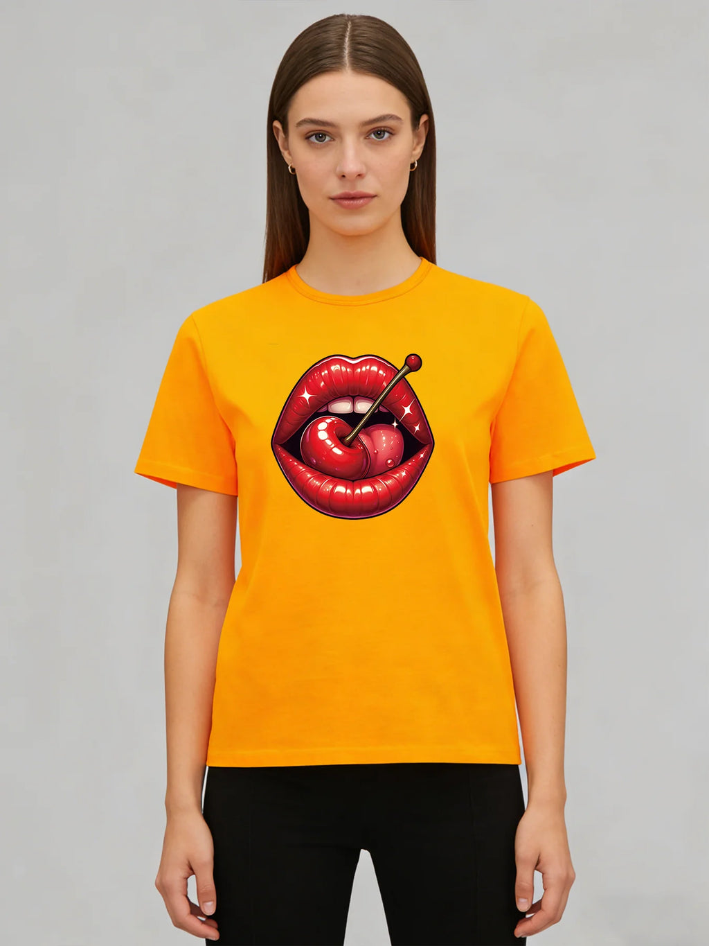 Red Cherry Lips T Shirt Women Cute Sweet Graphic Tee 2026 Spring Summer Round Neck Short Sleeve Tops