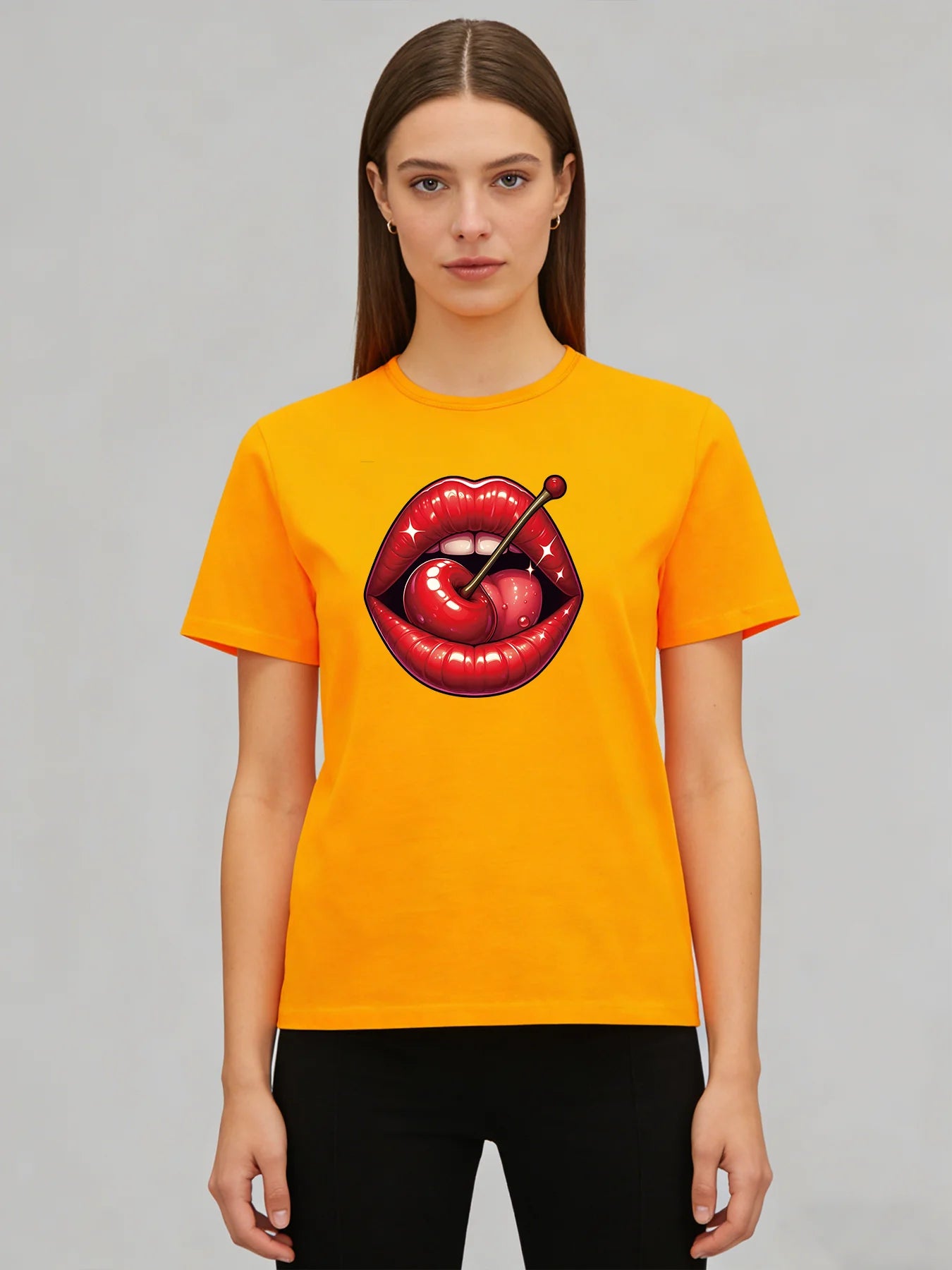 Red Cherry Lips T Shirt Women Cute Sweet Graphic Tee 2026 Spring Summer Round Neck Short Sleeve Tops