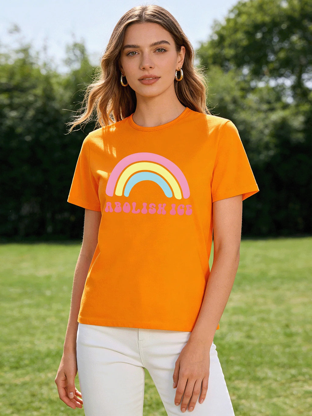 2026 Spring Summer New Women Rainbow Print T-Shirt Casual Loose O Neck Short Sleeve Tee Tops