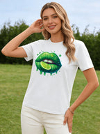 2026 Spring/Summer New Women's Lime Green Lips Pattern T-Shirt Cute Fruit Pattern T-Shirt Casual Round Neck Short Sleeve Top