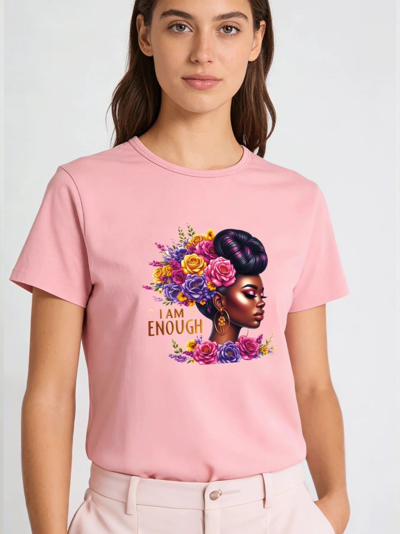 I Am Enough T Shirt Women Black Queen Floral Graphic Tee Casual Round Neck Short Sleeve Tops