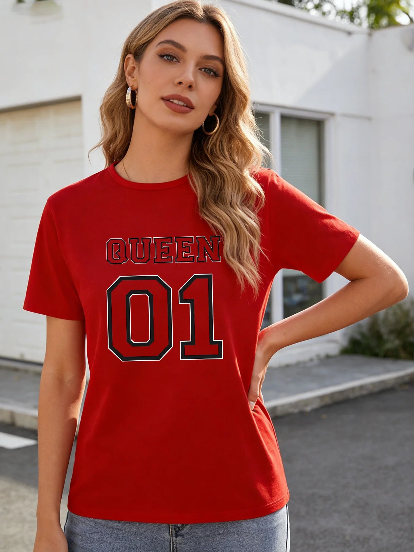 2026 Spring/Summer New Women's Round Neck Casual T-Shirt with Queen Letter Print Top